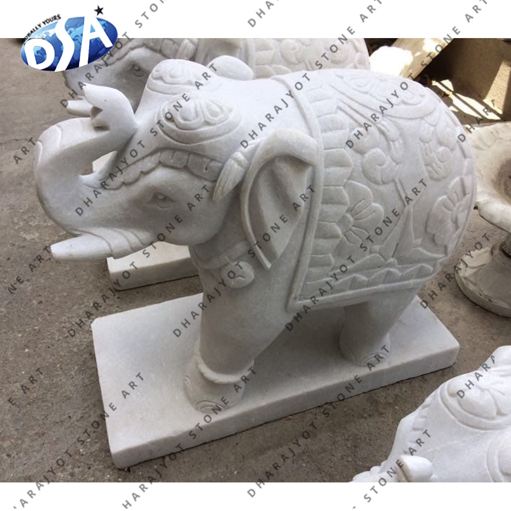 Modern Hand Carved Carving Stone White Marble Elephant Statue