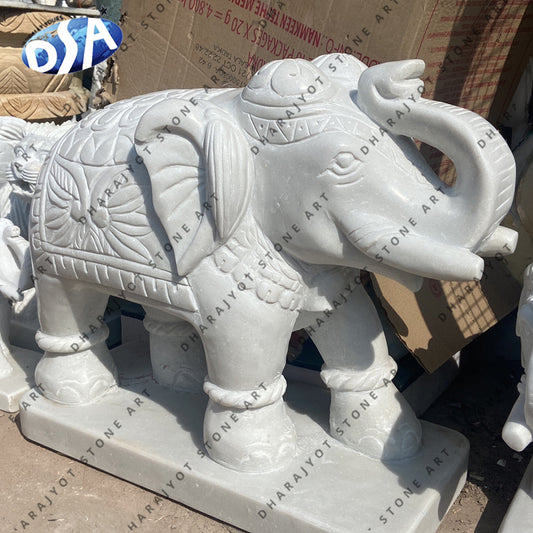 Modern Hand Carved Carving Stone White Marble Elephant Statue