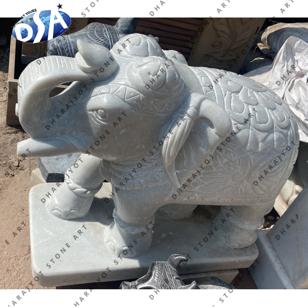 Modern Hand Carved Carving Stone White Marble Elephant Statue