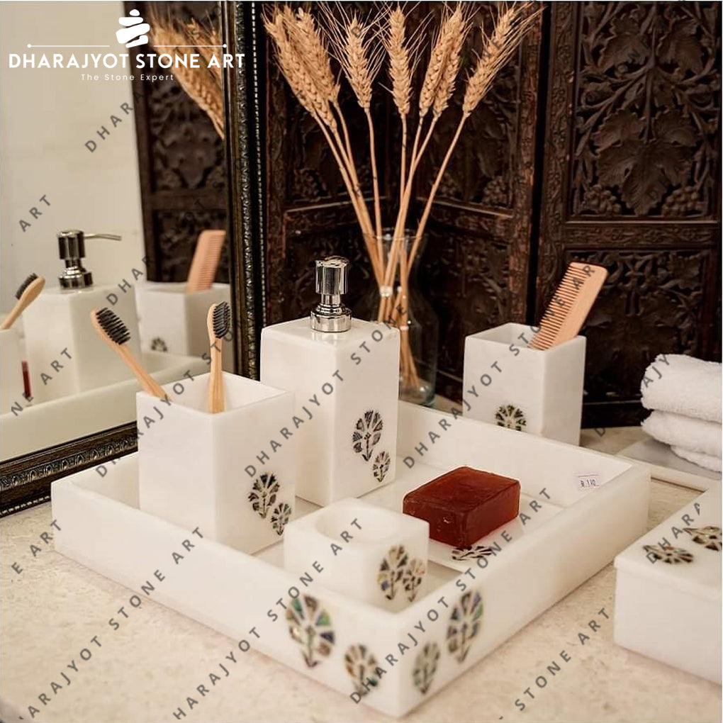 White Marble Inlay Bathroom Accessories