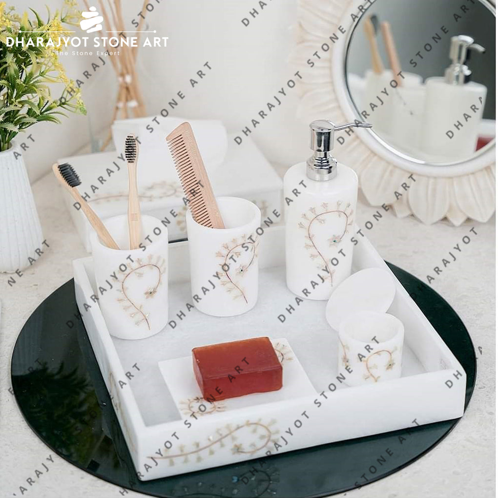 European Modern Natural White Marble Bathroom Accessories Set