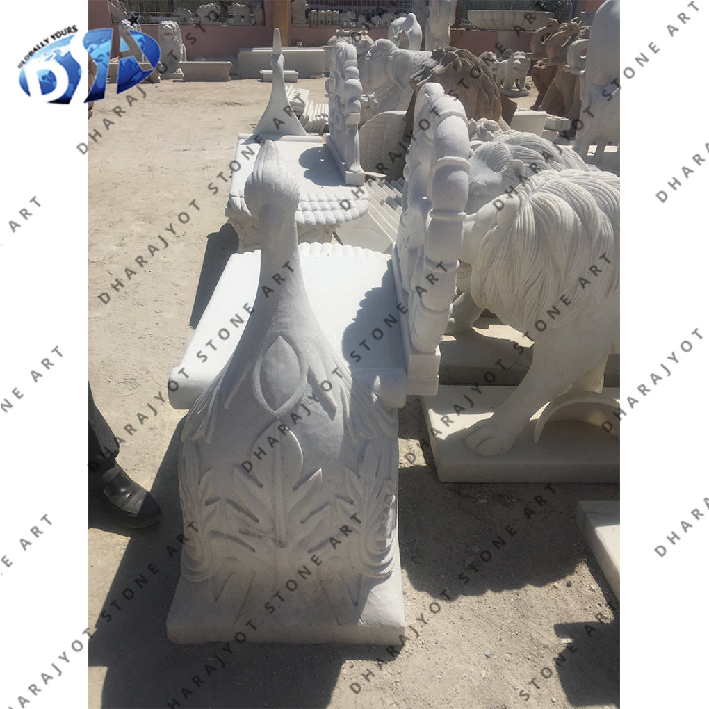 Hand Carving Peacock Statue White Marble Benche