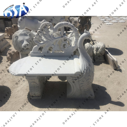 Hand Carving Peacock Statue White Marble Benche