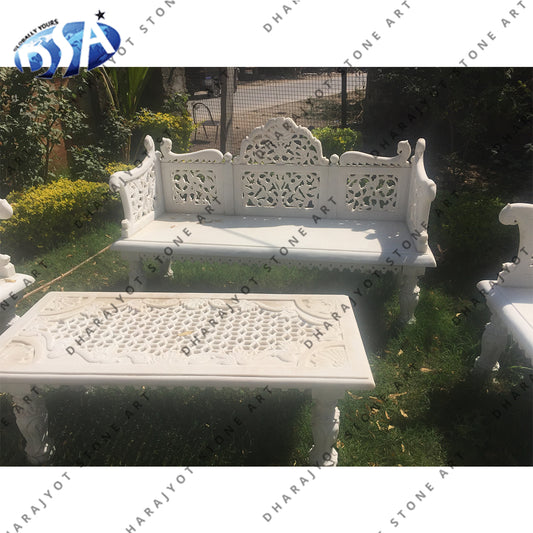 White Marble Carving Designer Handmade Garden Decorative Bench