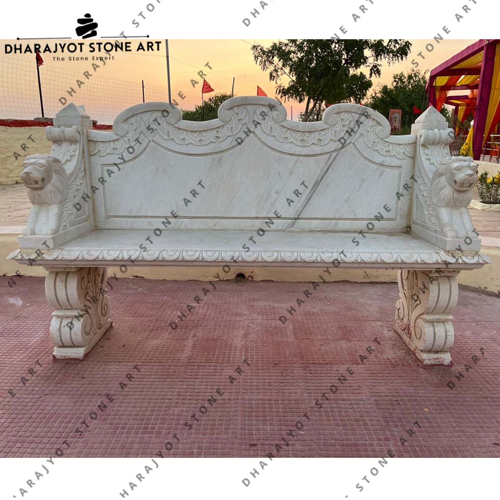 White Marble Lion Head Curved Bench