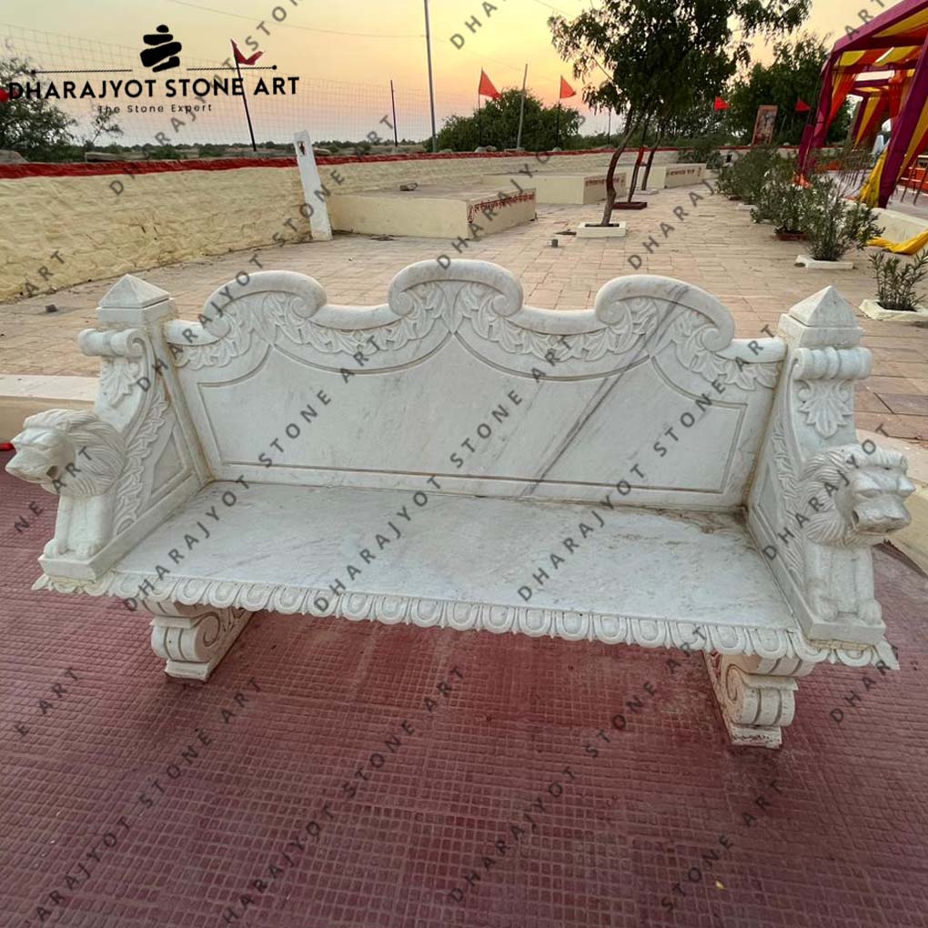 White Marble Lion Head Curved Bench