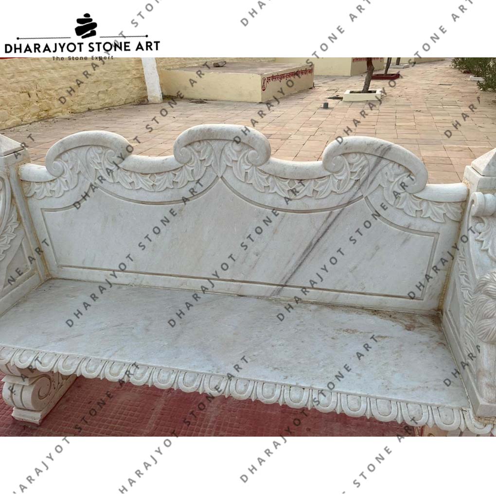 White Marble Lion Head Curved Bench