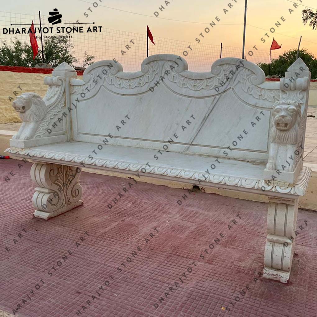 White Marble Lion Head Curved Bench