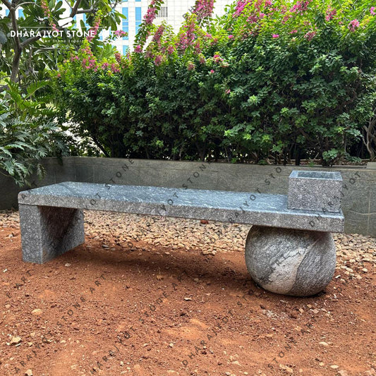 Polished Stone Garden Seating Surface and Natural Ball Support Design Bench