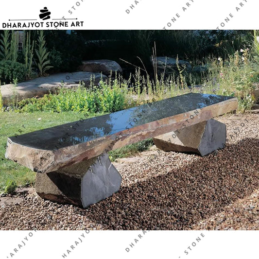Outdoor Decorative Natural Stone Long Black Hand Carving Polished Bench