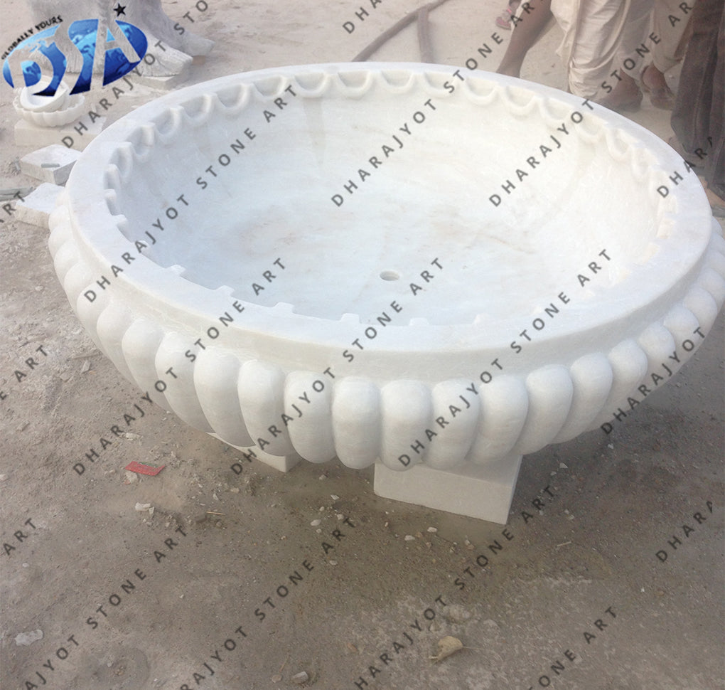 White Stone Hand Carved Flower Birdbath