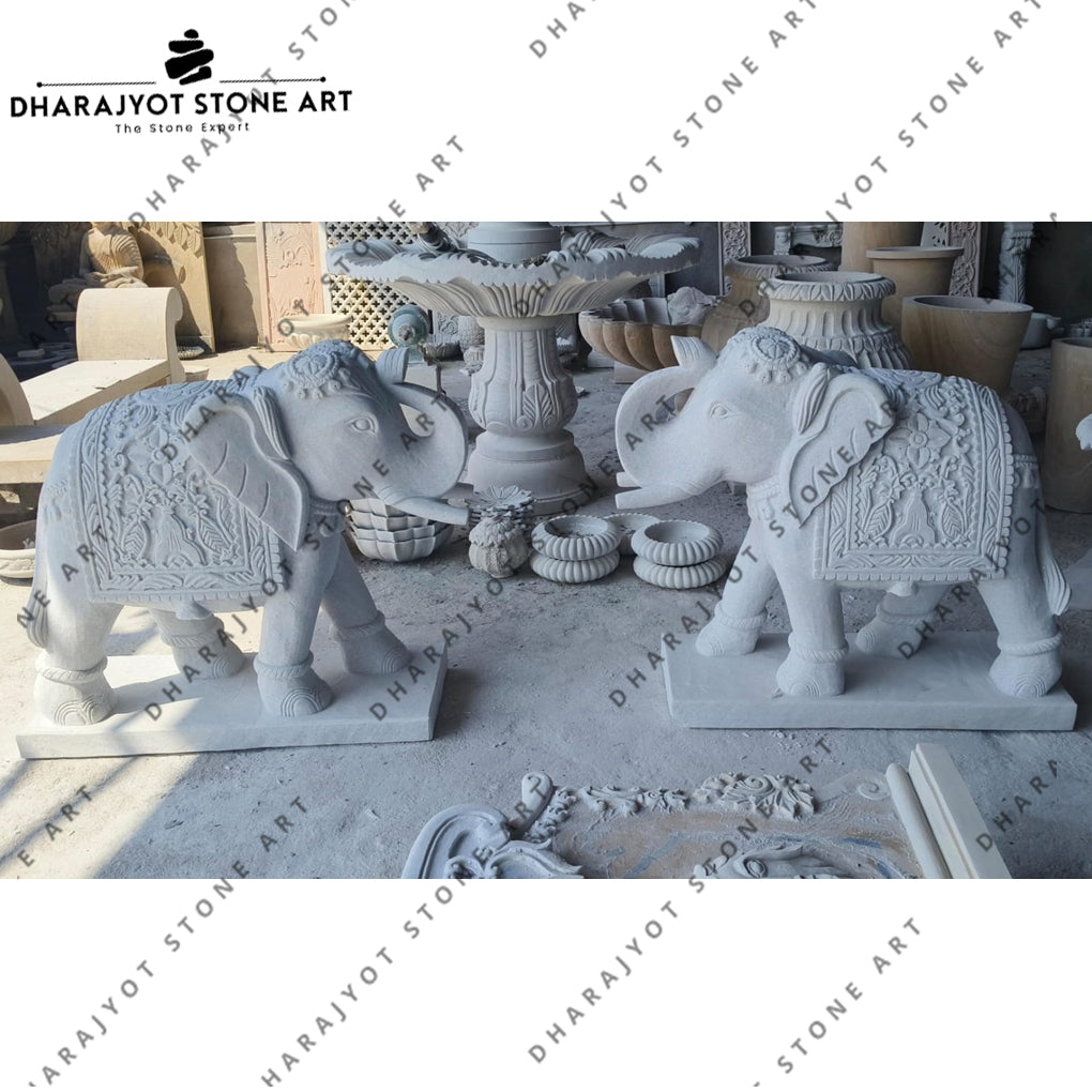 Bungalow Entrance Hand-Carved Large White Marble Elephant Statue