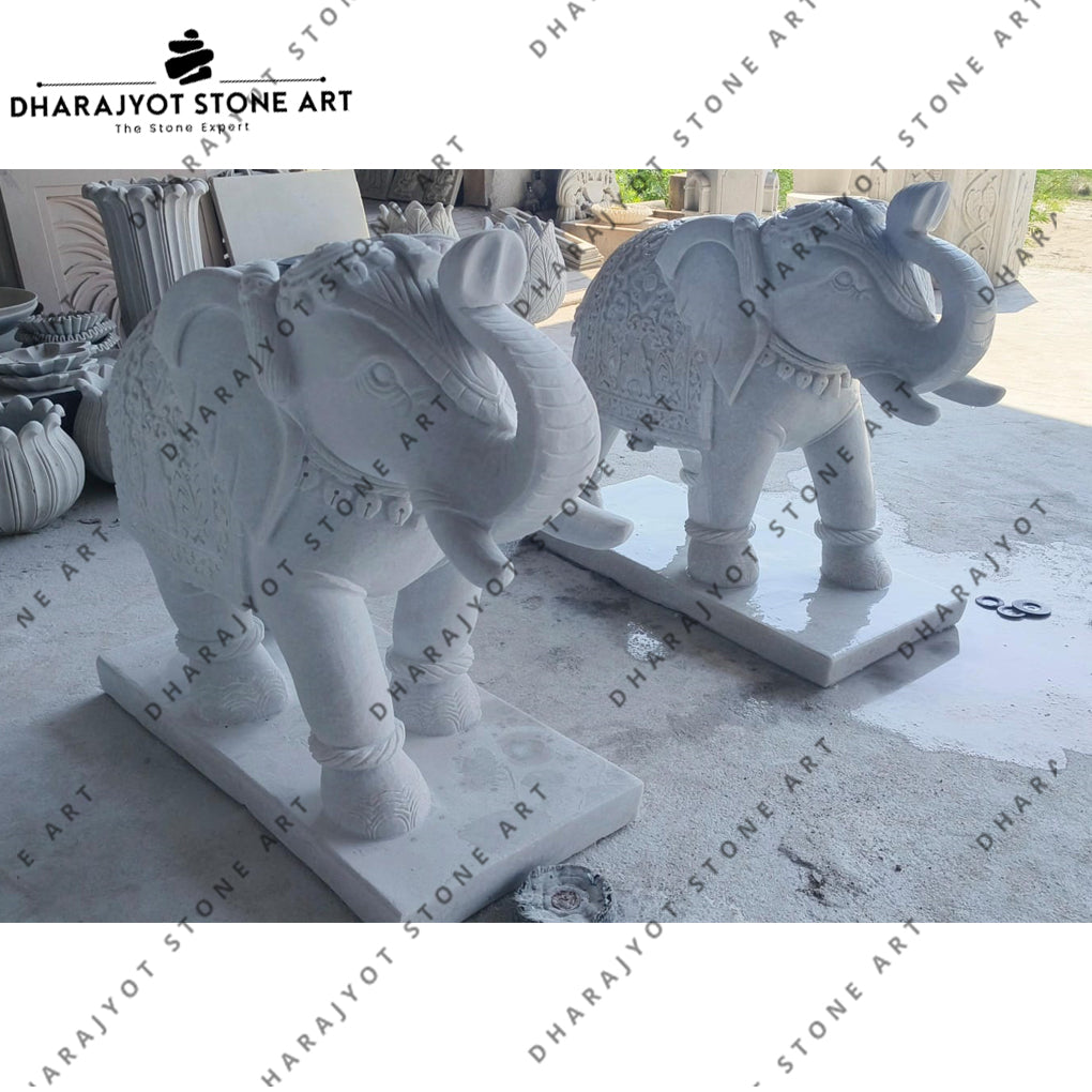 Bungalow Entrance Hand-Carved Large White Marble Elephant Statue