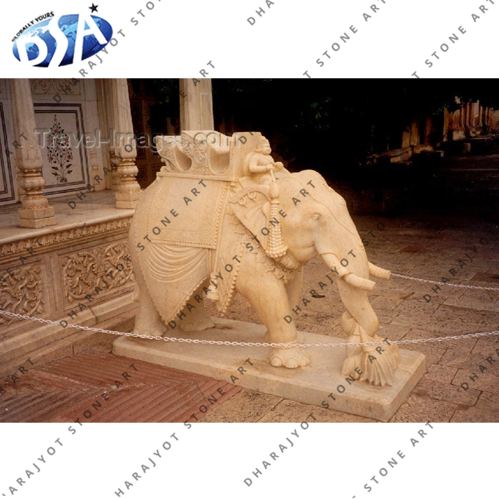 Marble Carved Beige Marble Elephant Statue