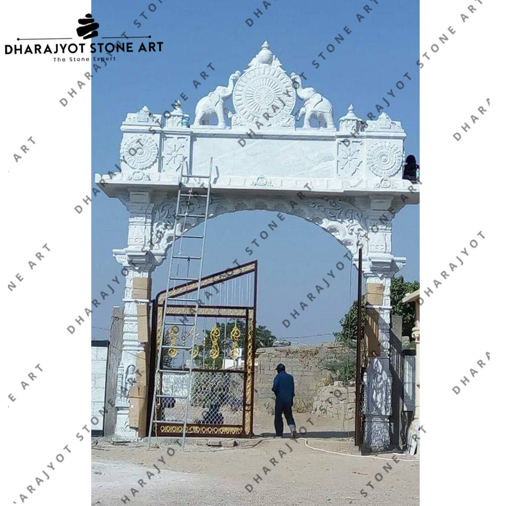 Royal Heritage Custom Carved White Stone Entrance Gate