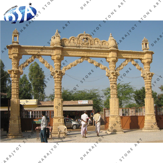 Yellow Sandstone Hand Carved Modern Temple Gate