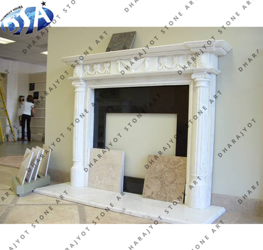 Flower Carving Stone White Marble Fireplace