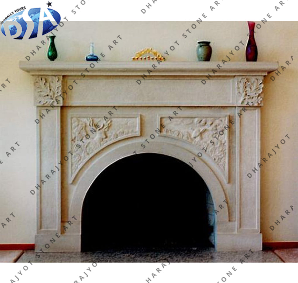 Indoor White Stone Fireplace Mantel