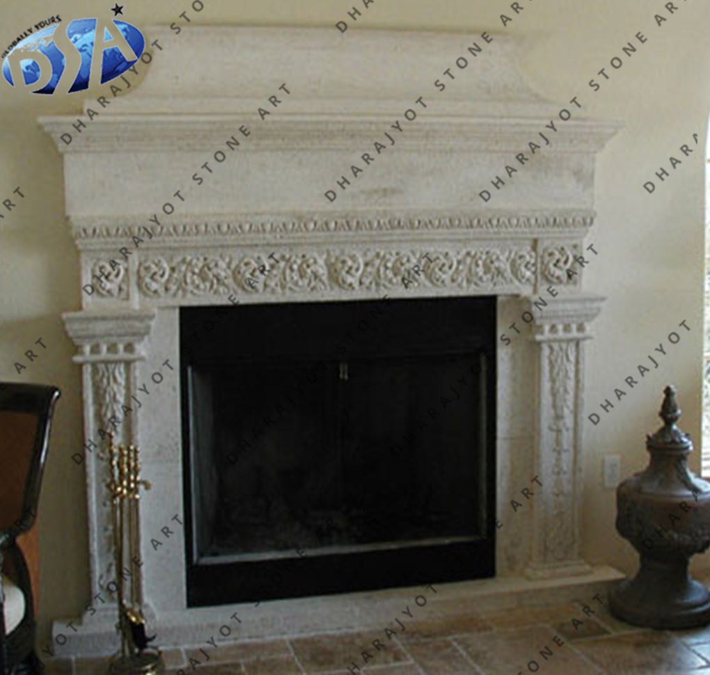 White Marble Hand Carved Fireplace