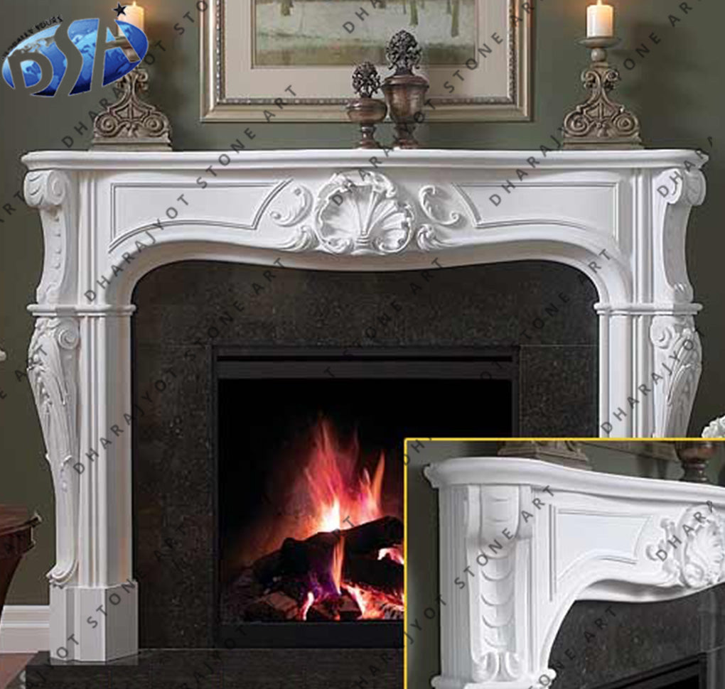 Modern Classic White Marble Carved Fireplace