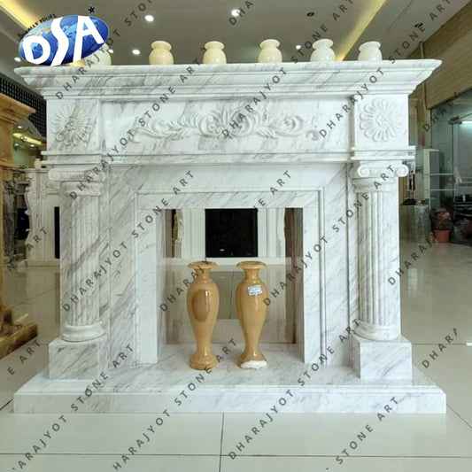 Indoor Natural Stone Hand Carved Freestanding Fireplace