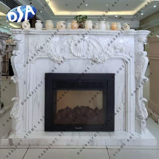 Natural Stone Hand Carved French White Marble Fireplace