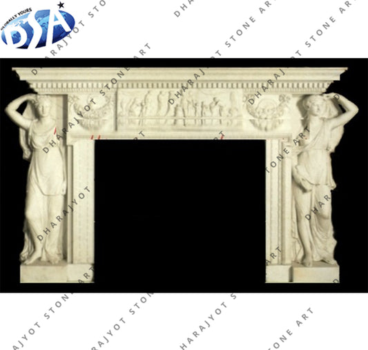 Decorative Hand Carved Female Statues White Stone Fireplace