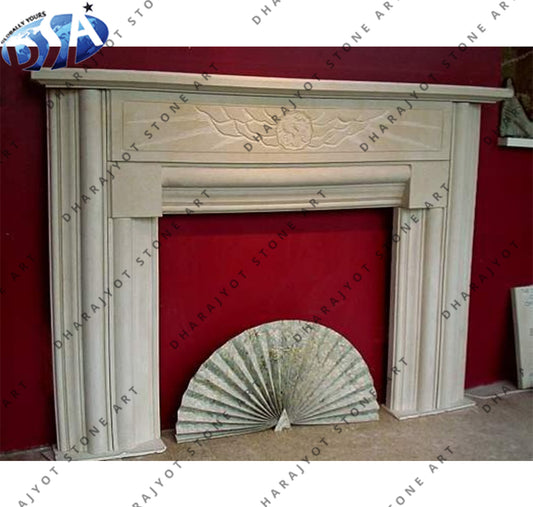 Beige Polished Marble Fireplace