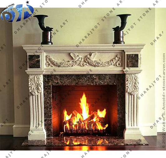 Natural White Beige Stone Marble Fireplace