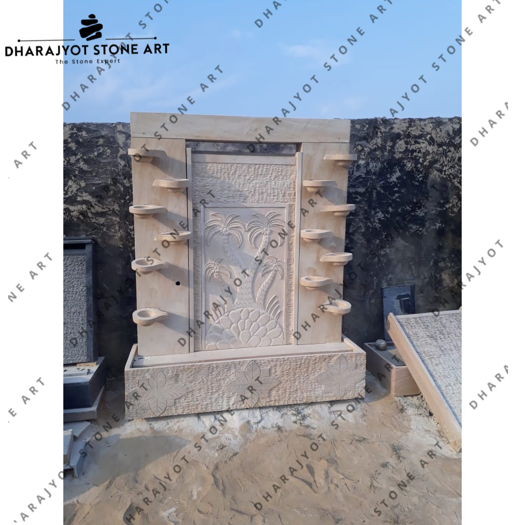 Elegant Palm Tree Design Natural Stone Garden Wall Fountain
