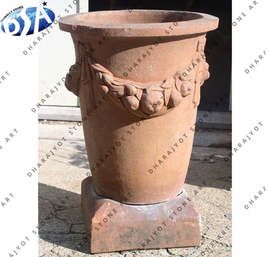 Red Marble Hand Carved Flower Pot & Planter
