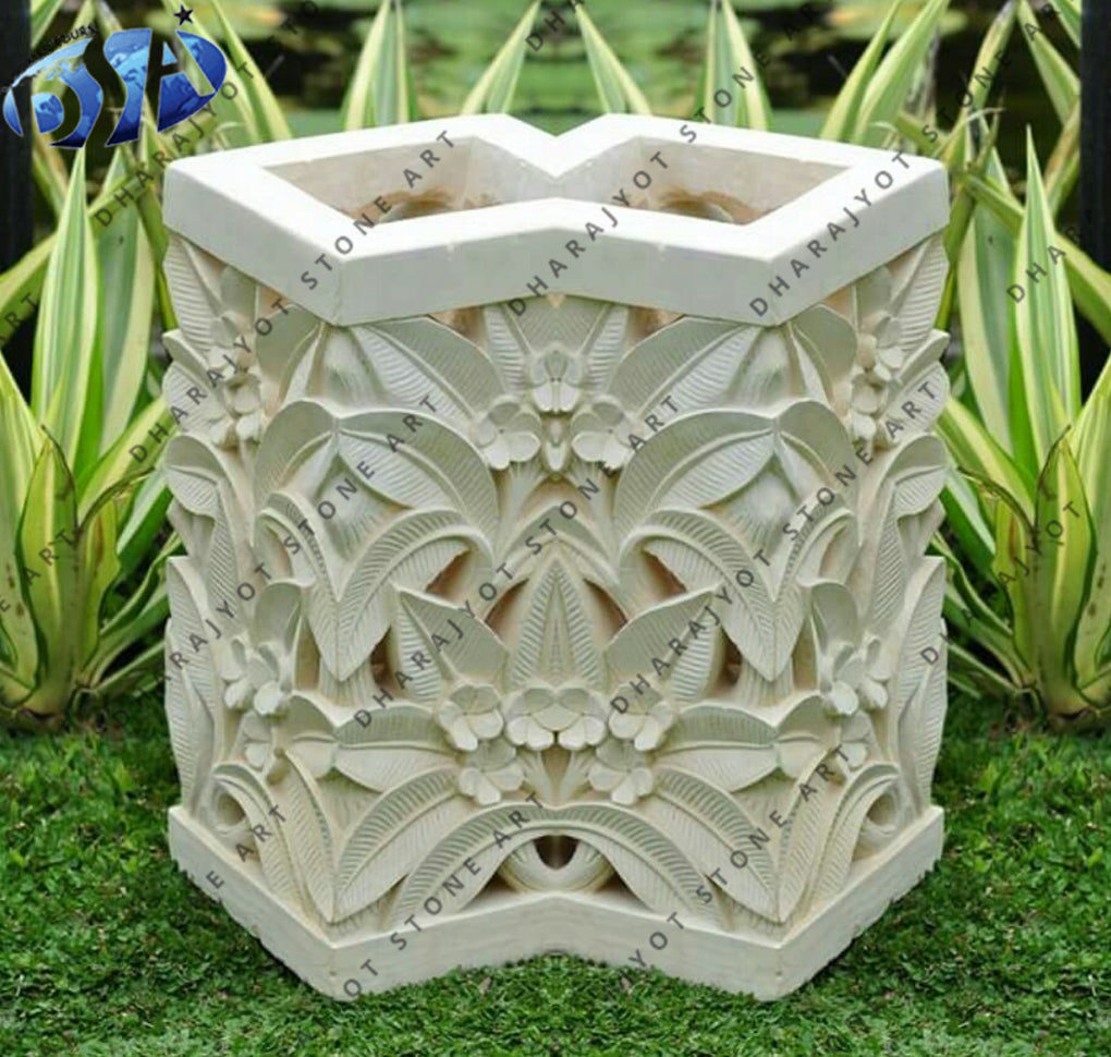 Carved White Sandstone Garden Flower Pot & Planter