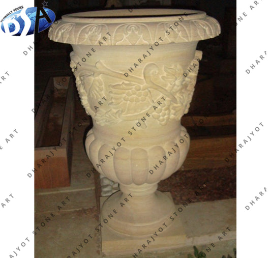 Hand Carved Exquisite Beige Sandstone Flower Pot