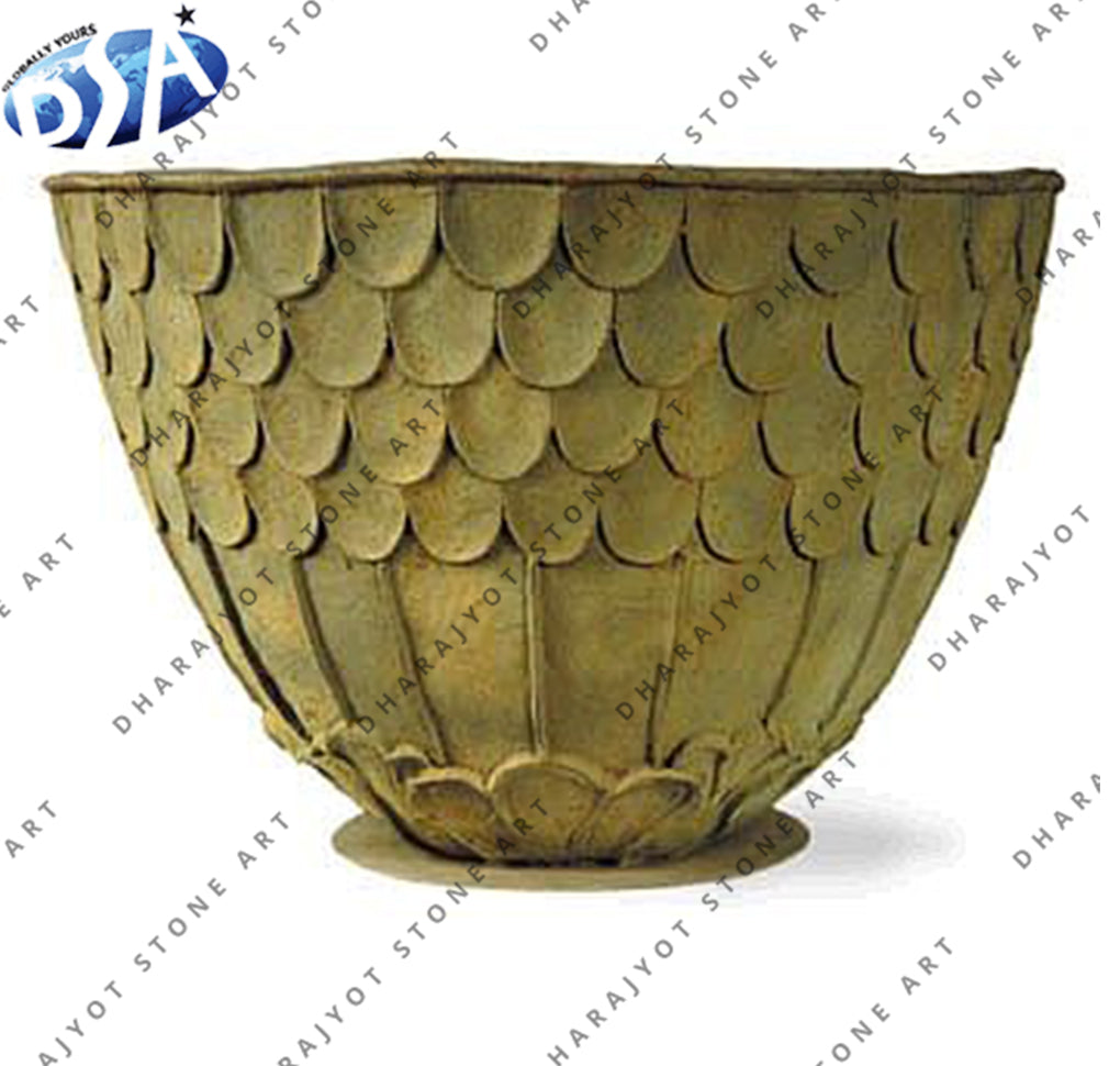 Green Color Sandstone Hand Carved Flower Pot