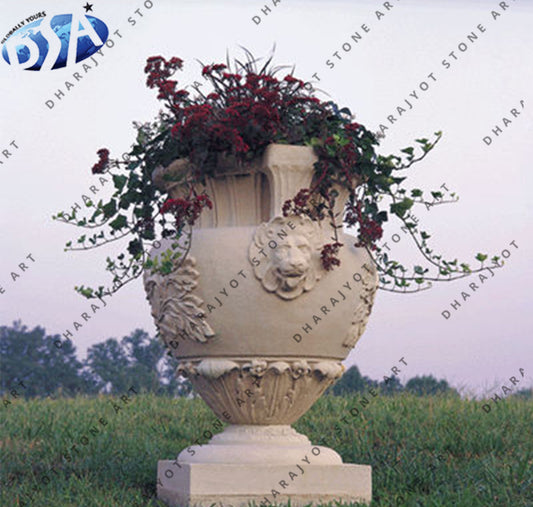 Hand Carved Natural White Sandstone Vase Outdoor Garden Flowerpot