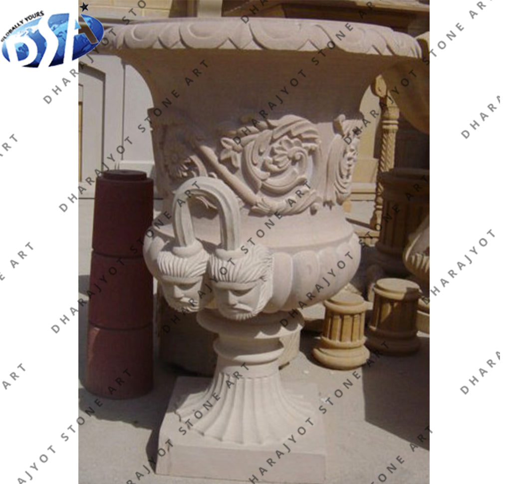 Outdoor Hand Carved Natural White Sandstone Flower Pot