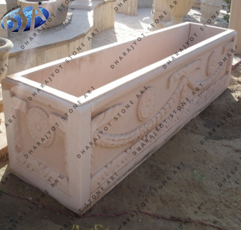 White Sandstone Carved Rectangular Flower Planter