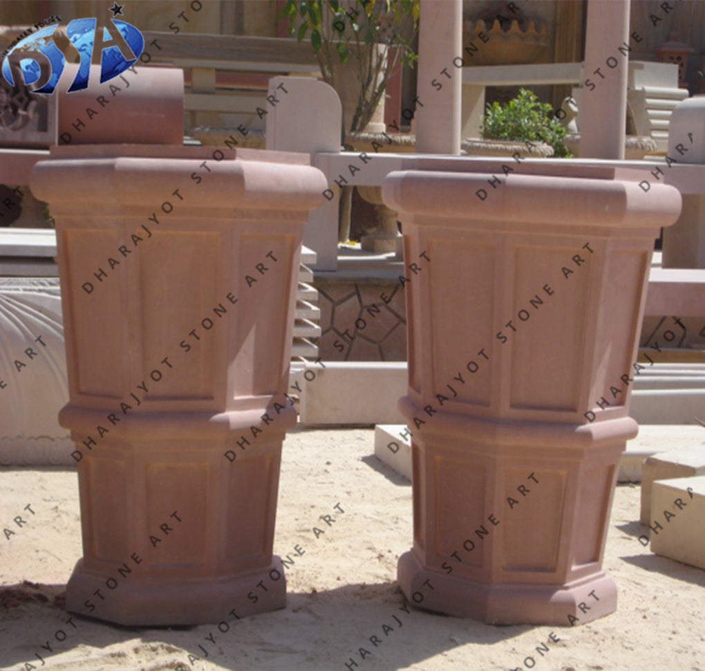 Polished Red Decoration Sandstone Garden Pot