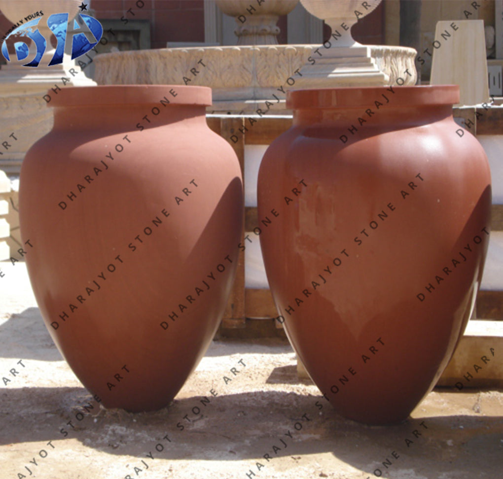 Red Round Fancy Sandstone Flower Pot