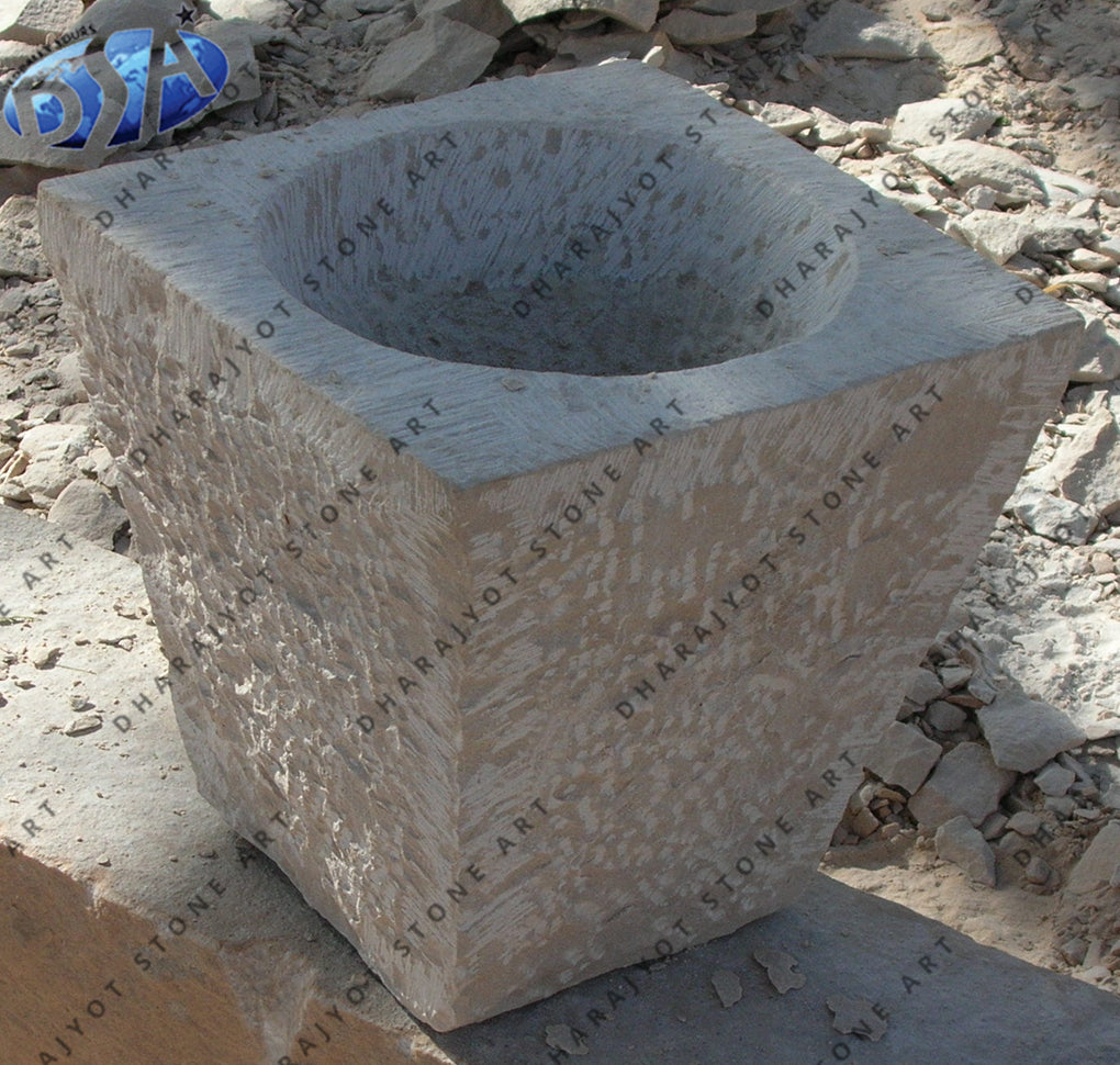 Freestanding White Marble Hand Carved Flower Pot