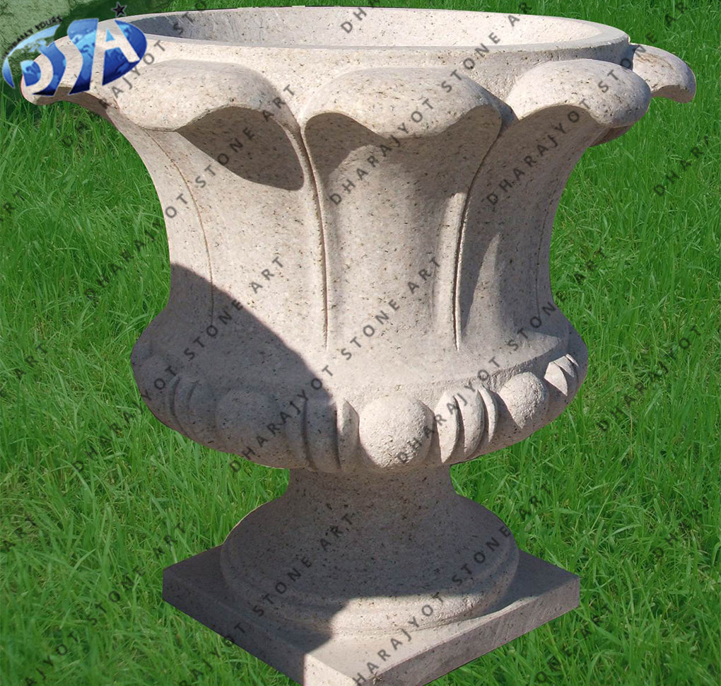 White Round Dholpur Sandstone Garden Planter Pot