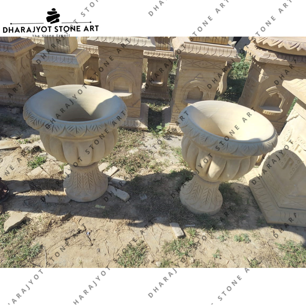 Elegant Outdoor Hand-Carved Natural Sandstone Planter Pot