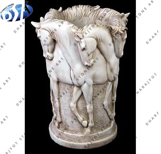 Vintage Horse Art White Marble Flower Pot