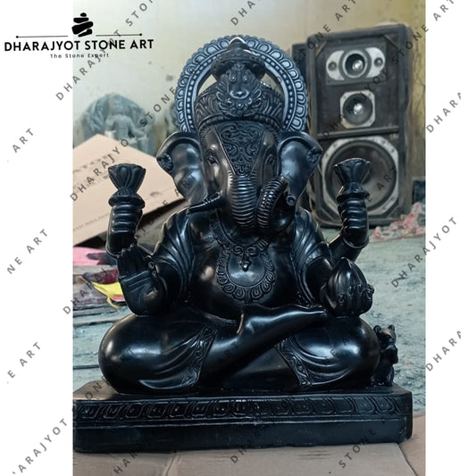 Handcrafted Black Marble Ganesh Sitting Statue
