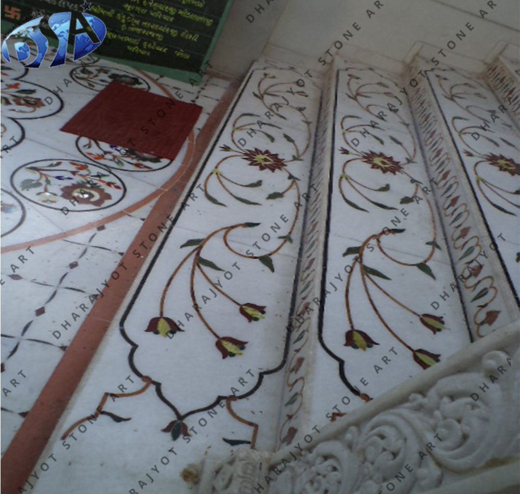 White Marble Temple Inlay Stairs