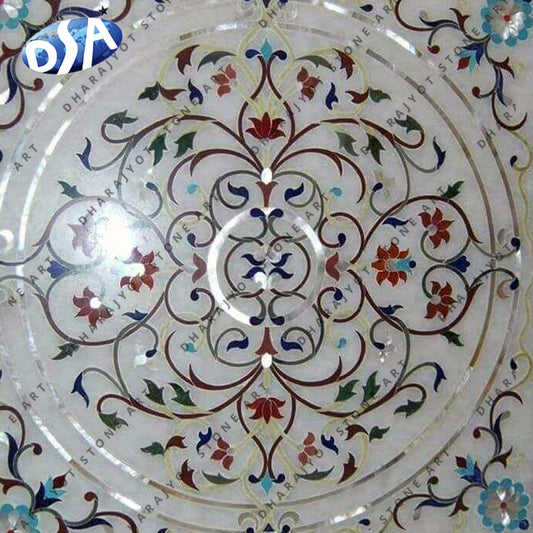 Exclusive White Marble Pietra Dura Design Dining Table Top For Home