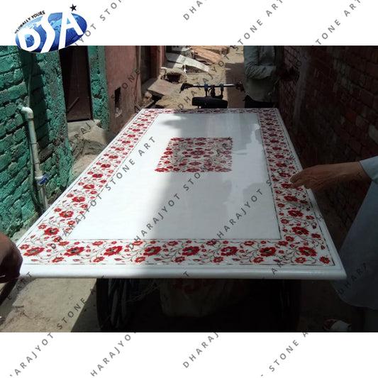 High Quality Beautiful White Marble Dining Table Top With Inlay Work, For Home & Hotel