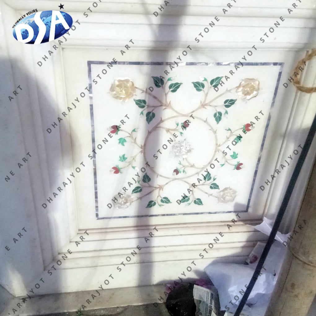 Handmade Unique Inlay Art Work White Marble Flooring