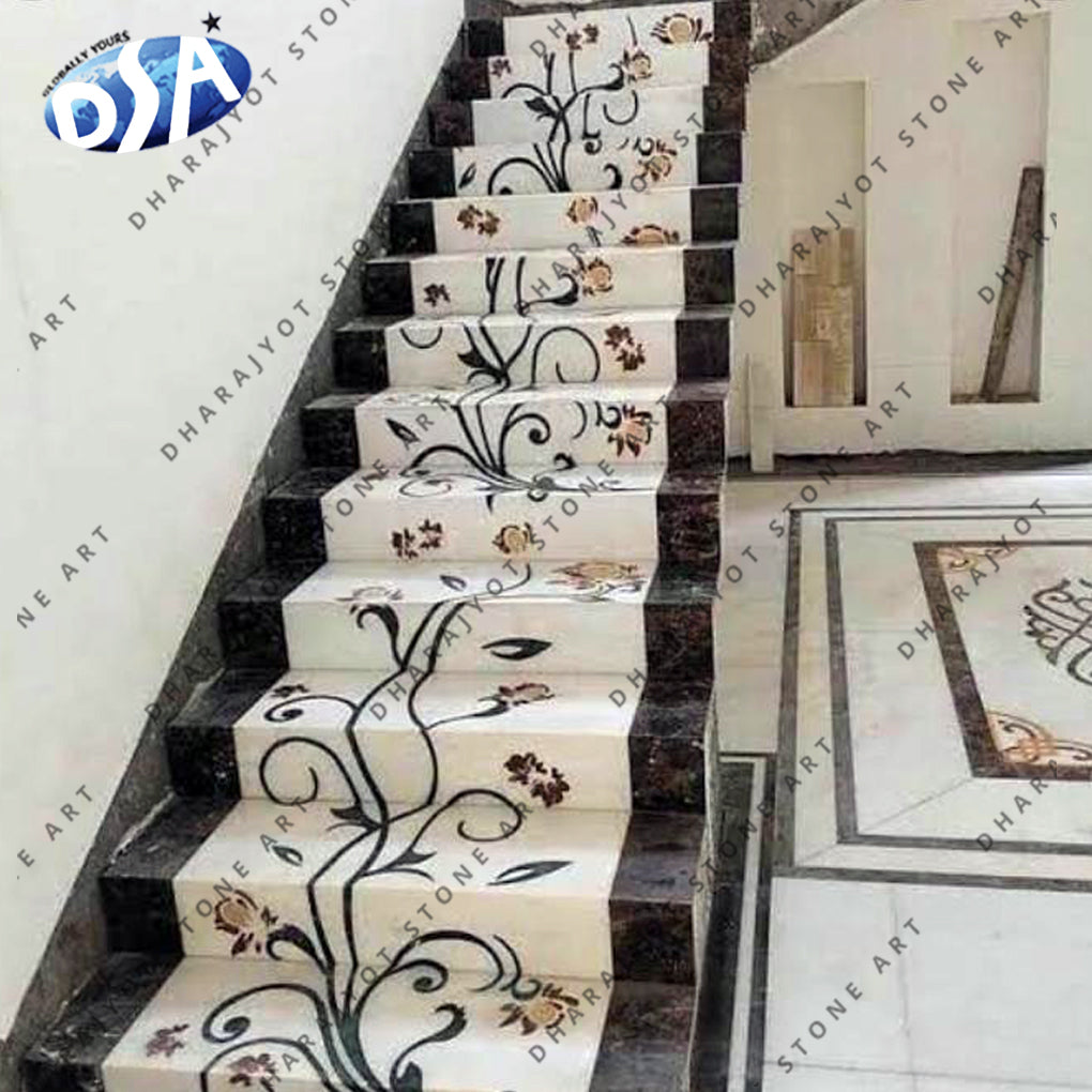 Natural Stone Customized Factory Price Inlay Design Interior Staircase Floor Tiles Beige Slab Marble Stair Treads