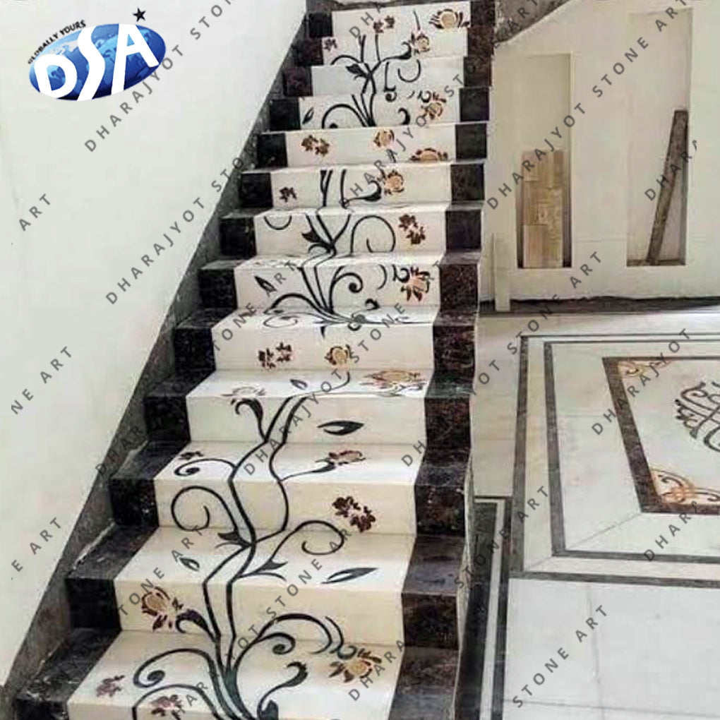Natural Stone Customized Factory Price Inlay Design Interior Staircase Floor Tiles Beige Slab Marble Stair Treads